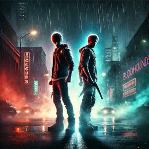 Two characters standing back to back in a rain-soaked street, illuminated by neon lights, representing Bloodhounds