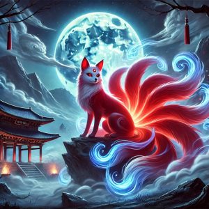A mystical fox with a glowing tail standing in front of an Asian temple under a full moon, similar to the fox from Tale of the Nine Tailed