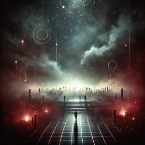 A surreal, glowing scene with figures walking towards a bright light in a foggy landscape, similar to Squid Game.