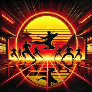 A dynamic image of a martial arts dojo with a dramatic, cinematic look representing the themes of Cobra Kai, including action and competition.