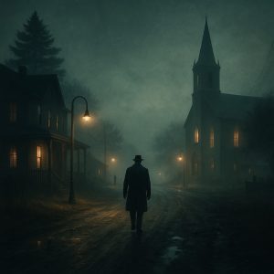 Eerie image of a foggy, darkened road, with a shadowy figure walking down it. Reminiscent of the eerie imagery of Sinners.