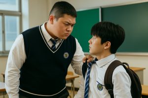 A larger kid hovering over a smaller kid, with an angry face, in representation of Weak Hero.