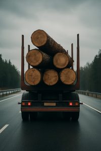 Long haul truck with logs of wood on the back, symbolizing Final Destination