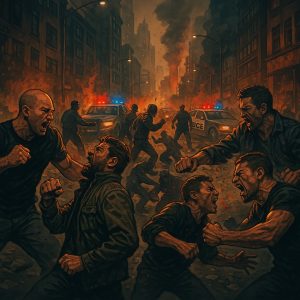 Chaotic fight, involving multiple people, with cop cars and smoke in the background, representing HAVOC